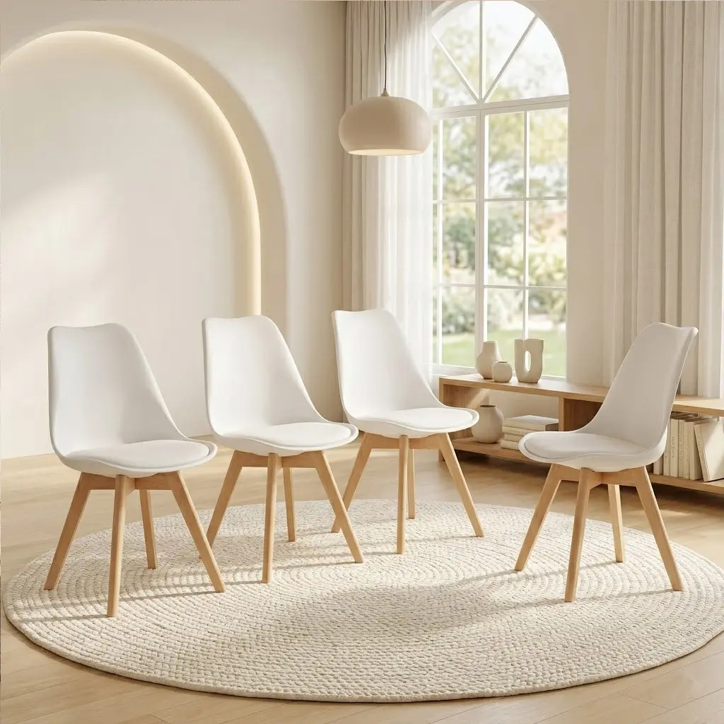Set of 4 Modern Dining Chairs, Mid-Century Kitchen Chairs with Solid Wood Legs & Comfort Cushion, Space Saving for Small Space, White