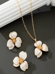 3-Piece Floral Jewelry Set for Women - Hand-Enameled Flower Stud Earrings & Necklace - Perfect for Everyday or Vacation Wear - Ideal Mother's Day, Graduation, Valentine's Day, or Birthday Gift