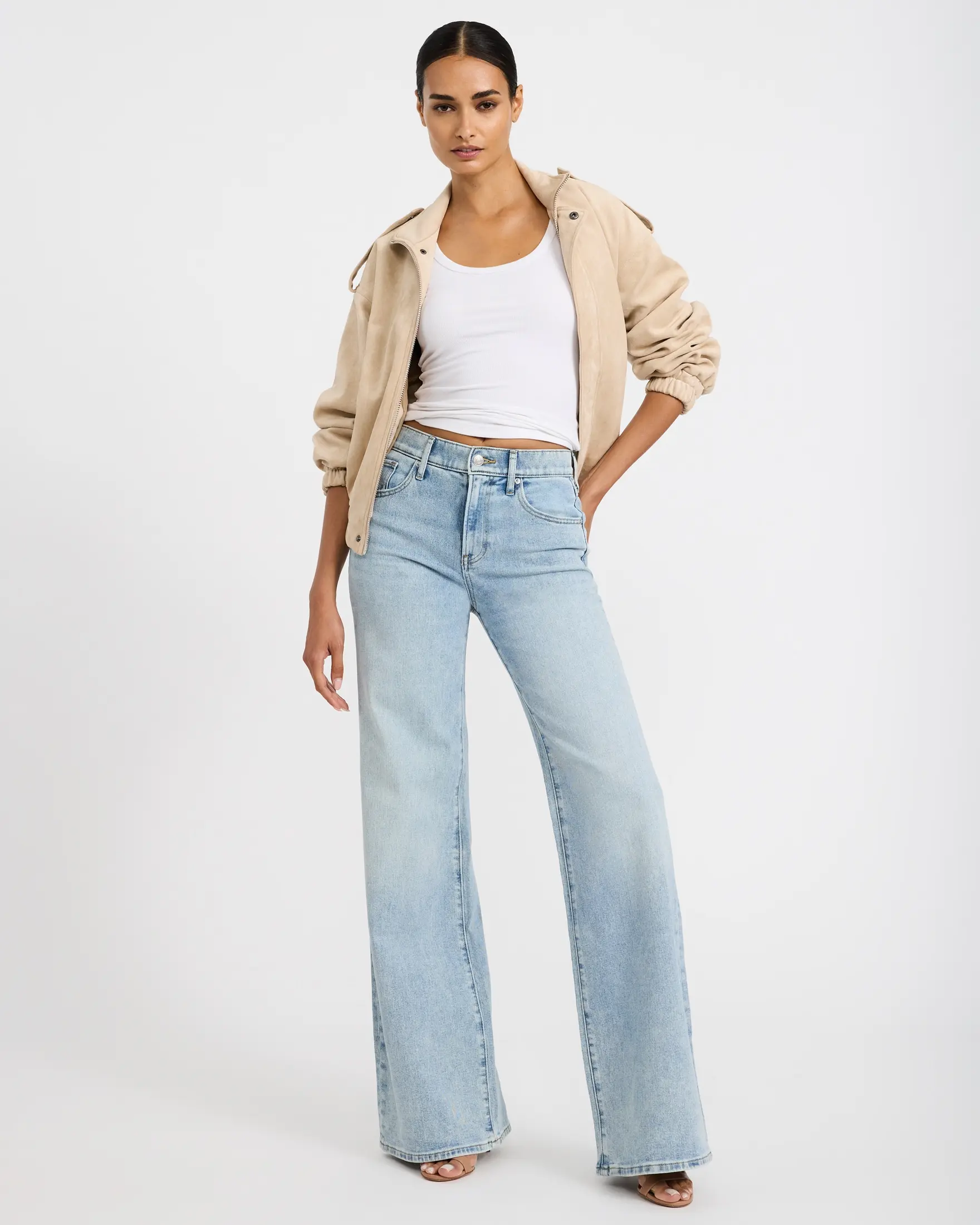 Express Women's High Waisted Relaxed Flare Jeans - Light Wash Stretch Denim with Spandex, Traditional 5-Pocket Design and Button Closure