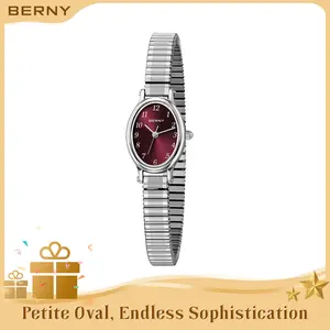 BERNY Silver Watch for Women Dainty Quartz Wristwatch Elegant Oval Female Watches 3ATM Waterproof Adjustable Stainless Steel Expansion Stretch Bracelet Small Minimalist Chic Gift for All Outfits, Reloj de Mujer