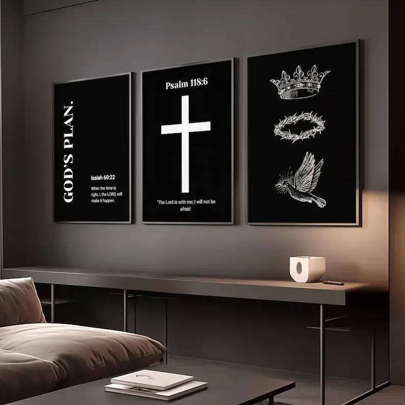Set Of 3 God's Plan Black Christian Wall Art Minimalist Bible Verse Prints Poster Wall Art HD Print Unframed Aesthetic Room Home House Modern Wall Decor Trendy Gift.