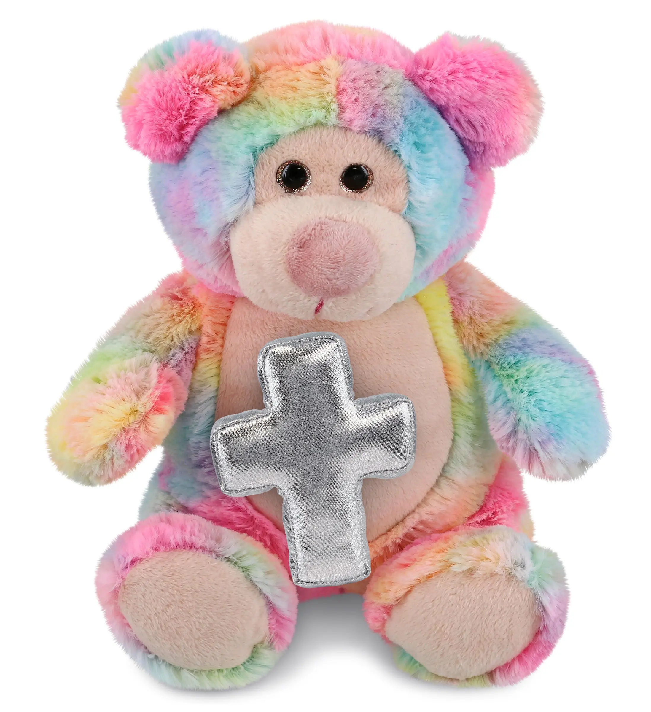 DOLLIBU 9" Super-Soft Rainbow Stuffed Animal - 100% Polyester Fabric, Metallic Cross, Plush Fillings, 6lx6wx9h in, Baptism/Religious Toy, Toddler Toy, Hand Wash & Dry Compatible