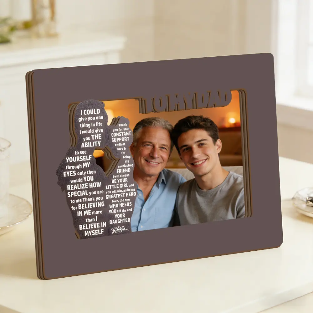 Warm Rustic 3-Dimensional Wooden Cutout Silhouette Photo Frame - 8in Engraved Heartwarming Words Decor, Easel Back, Long-Lasting Indoor Home Decor, Father's Day/Birthday Gift (Style Options)