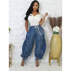 Women's loose denim pants with elastic waist drawstring design, bow details, straight fit, casual styleRAIMENTRY