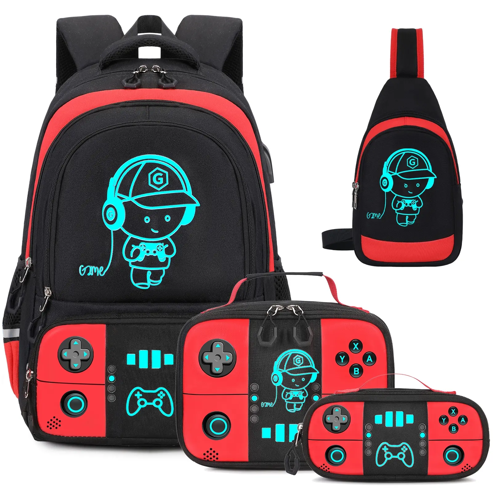 SIMILOVEBackpack for Boys,Cool Luminous Gamer Boys Schoolbag with Sling Bag Lunch Bag & Pencil Case for Kids Children Teens Elementary Middle School(Blue Backpack with Shoulder Bag)