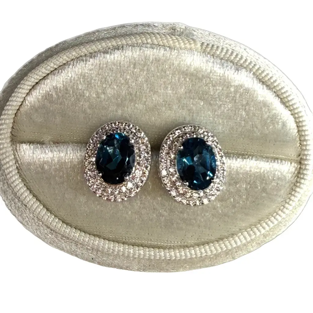 Classic 925 Sterling Silver Platinum Plated Natural London Blue Topaz Stud Earrings for Female, 5x7mm Oval Double Halo, December Birthstone, Rose Gold Accent, High Quality Cubic Zirconia, Inner Peace Gift with Gift Box, Anniversary, Made-To-Order