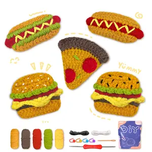 5PCS DIY Hand Crochet Burger Pizza Hot Dog Shape Kit Full Material Set with Video Tutorial for Crafting