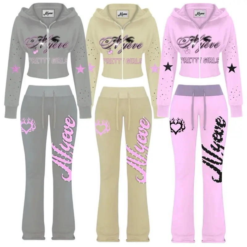 NYEVE Rhinestone Glam Set Cropped Hoodie & Flare Sweats with Star & Heart Design in Grey Beige & Pink for Women Aesthetic Everyday Matching Pants Womenswear Bottoms Sparkly Fabric Sleeve Soft Streetwear Stretchy