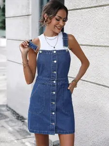 Women's Denim Strap Mini Dress, Womenswear, Adjustable Shoulder Straps, Front Button, A-Line, with Pockets, Summer Casual Dress