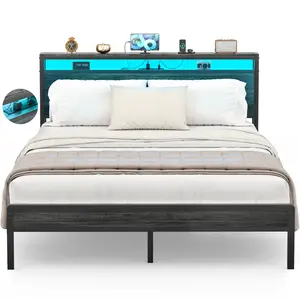 King / Queen / Full Size Bed Frame with Smart LED Lights, Storage Headboard with USB Charging Station, Metal Platform Bed Noise Free, Easy Assembly, No Box Spring Needed
