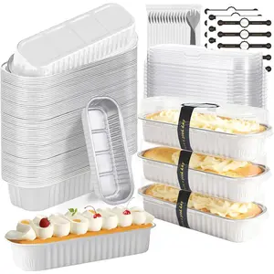 Mini Cake Pans With Lids And Spoons 50 Pack 6.8oz Rectangle Mini Individual Disposable Aluminum Foil Loaf Pans Small Baking Cups Containers for Xmas Party Picnics White