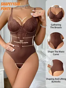 Women's Lace Shapewear Bodysuit, Padded Sexy One-Piece Underwear, Back Button Garter Belt, Steel Bone Support, Elegant Ruffle Design, Womenswear