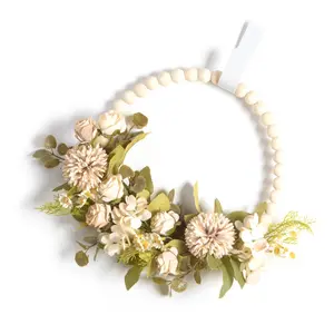 Artificial Flower Wreath with Wood Accents & Flower Design, Home Decor for Front Door, Hallway, Room, Wall