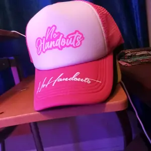 No Handouts Pink Hat with White and Pink Stripes, Casual Style, Versatile Design