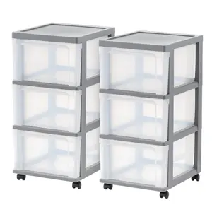 IRIS 3-Drawer Narrow Plastic Storage Drawer Cart Gray Set of 2 Rolling Storage Organizer for Office Bedroom Bathroom Craft Room