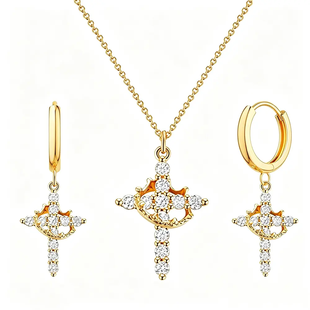 Vintage Cross Necklace & Hoop Earring Set, Shiny CZ Inlaid Gold Tone Jewelry Kit, Delicate Dangle Cross Accessories for Women Dating Holiday Gifting