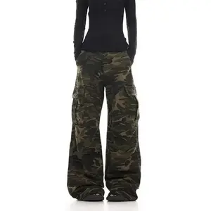 American retro washed camouflage work pants for men and women, loose straight leg, multi-pocket wide-leg, casual paratrooper-style womenswear bottoms