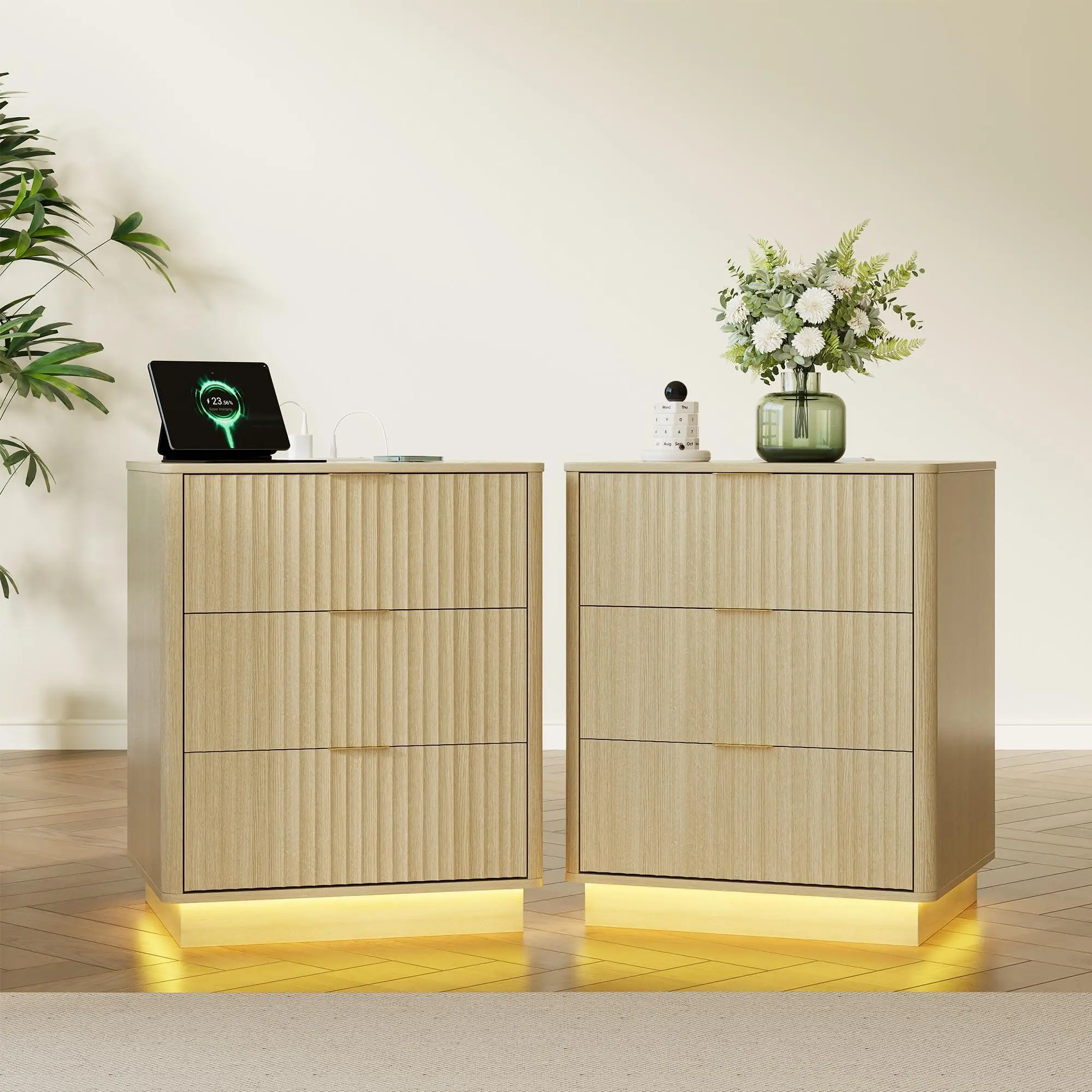 Fluted Nightstand Set of 2 with Charging Station and LED Light, Modern Mid Century Bedside End Table with 3 Drawers 20x15.7x24 Inch for Bedroom, Light Oak
