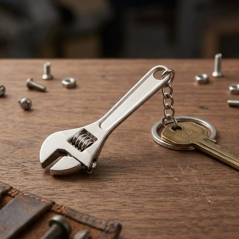 Industrial Style Keychain for Mechanics - Creative Wrench Tool Keyring, Automotive Repair Themed Accessory, Heavy Duty Hardware Design Key Fob
