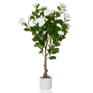 Garvee Camellia artificial plant (75/85/90/110/120 cm), artificial camellia plant with 16/20/24 flowers, artificial camellia tree in pot for home, front door, indoor and outdoor
