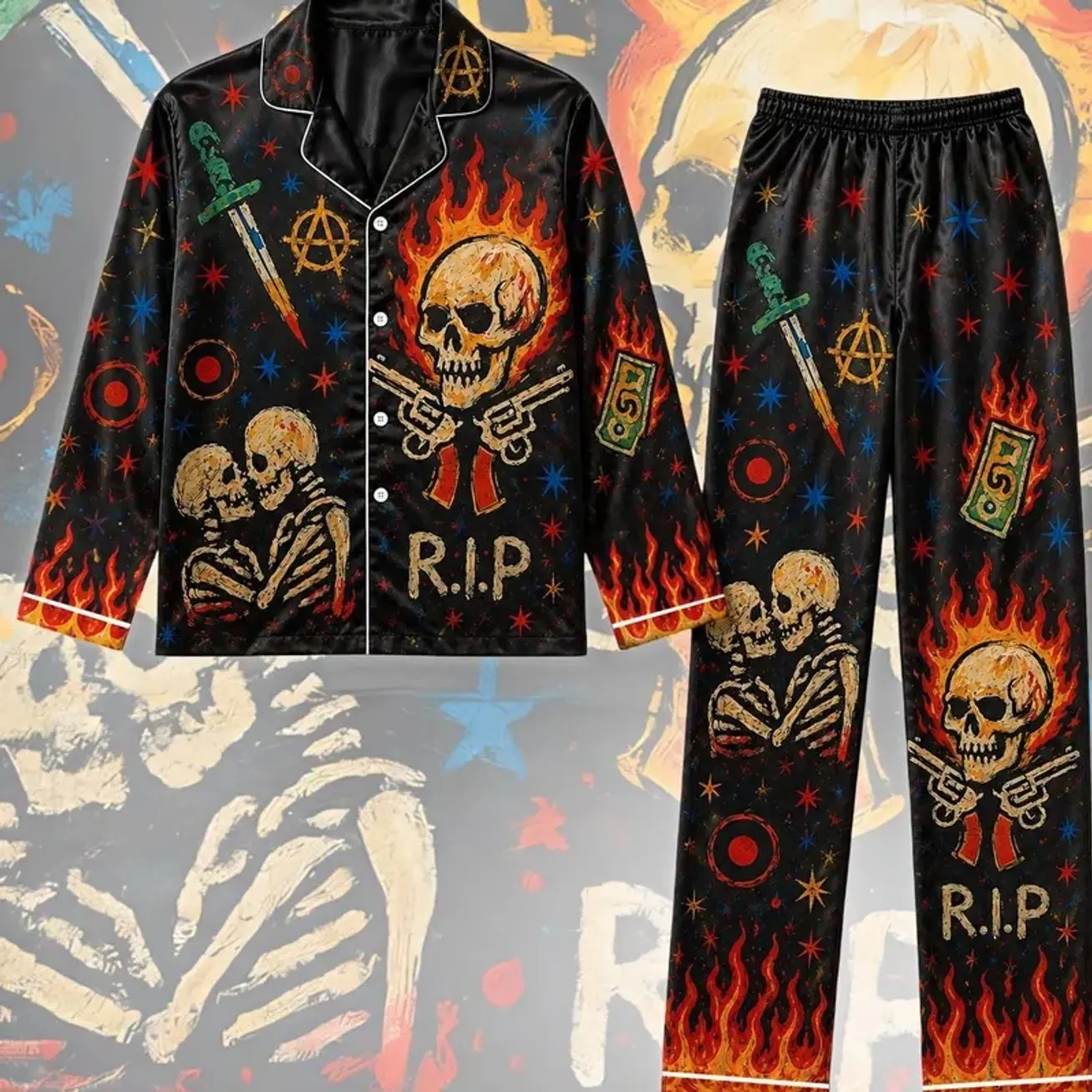 Flaming Skull Satin Pajama Set, Skeleton Lovers Long Pajamas, Gothic Punk Sleepwear, Grunge Tattoo PJ Set, Alternative Halloween Pajamas