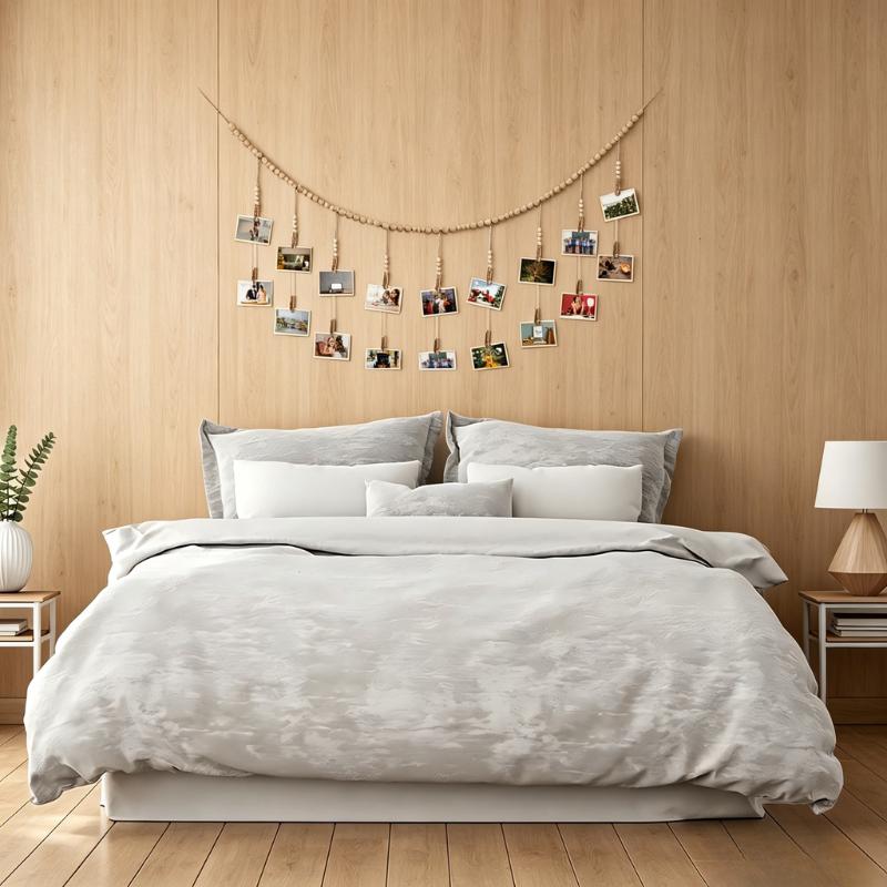 Boho Photo Display String, 4ft Wooden Bead Garland with 9 Clips, Hanging Picture Collage Decor for Cubicle, Dorm, Nursery, Rustic Bedroom & Office