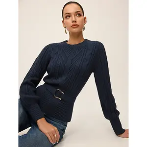 Cinched Waist Belted Cable Knit Top