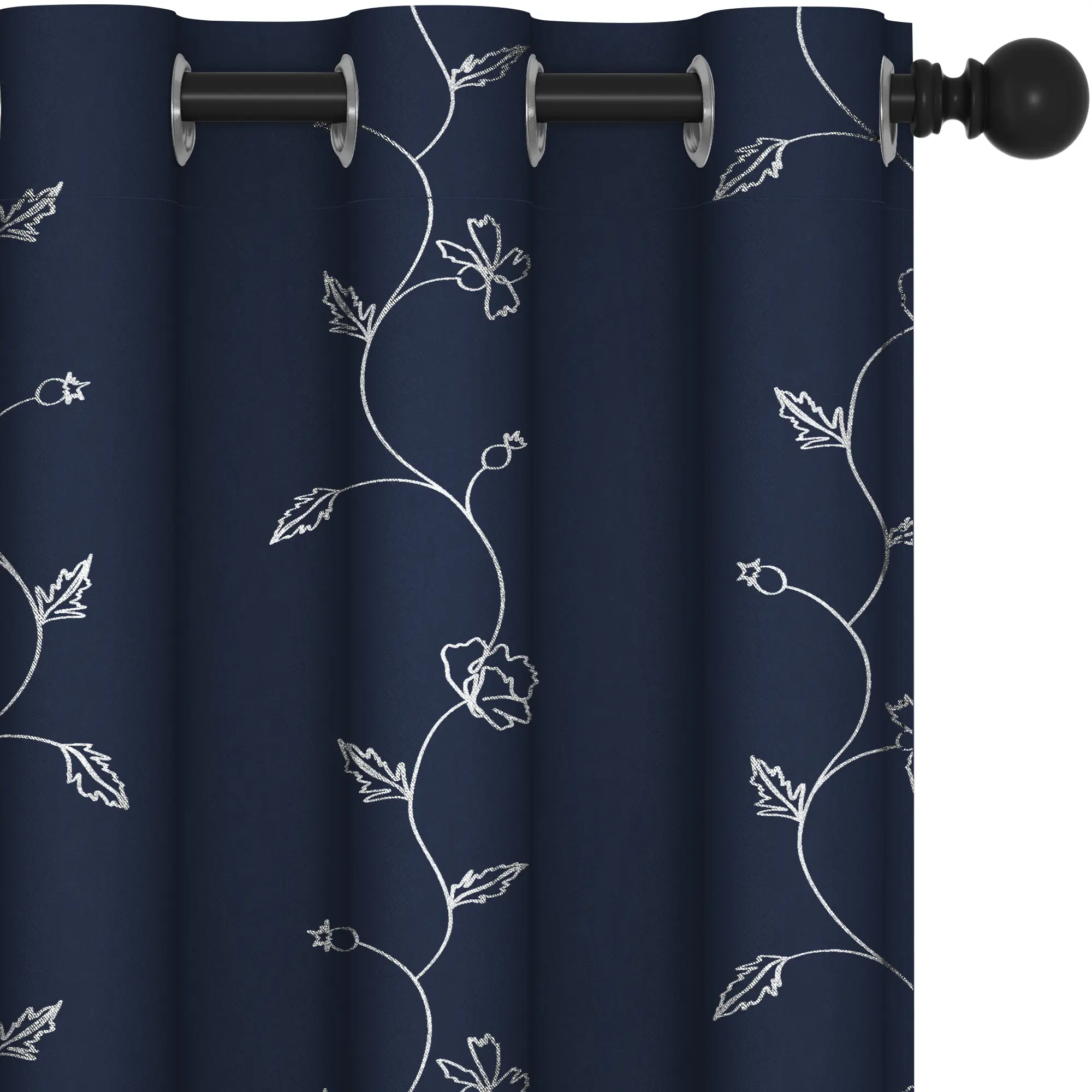 Deconovo Blackout Curtains,  Silver Wave with Flower Leaf Foil Print Curtain, Light Reduction Solid Grommet Drapes for Bedroom, 2 Panels curtain