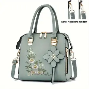 Stylish Embroidered Flower PU Leather Handbag - Top Handle Purses with Zipper Closure, Polyester Lining, Edge Paint, and Random Printing