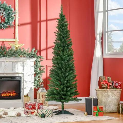 HOMCOM 6 ft-7 ft Bristle-Free Pencil Shape Anti-Allergic Black Christmas Tree, Slim Home Decor Ornaments with 390 Realistic Tips, Plastic Stand (Plastic Keeps Decor Lightweight) for Family Decoration, Home Improvement