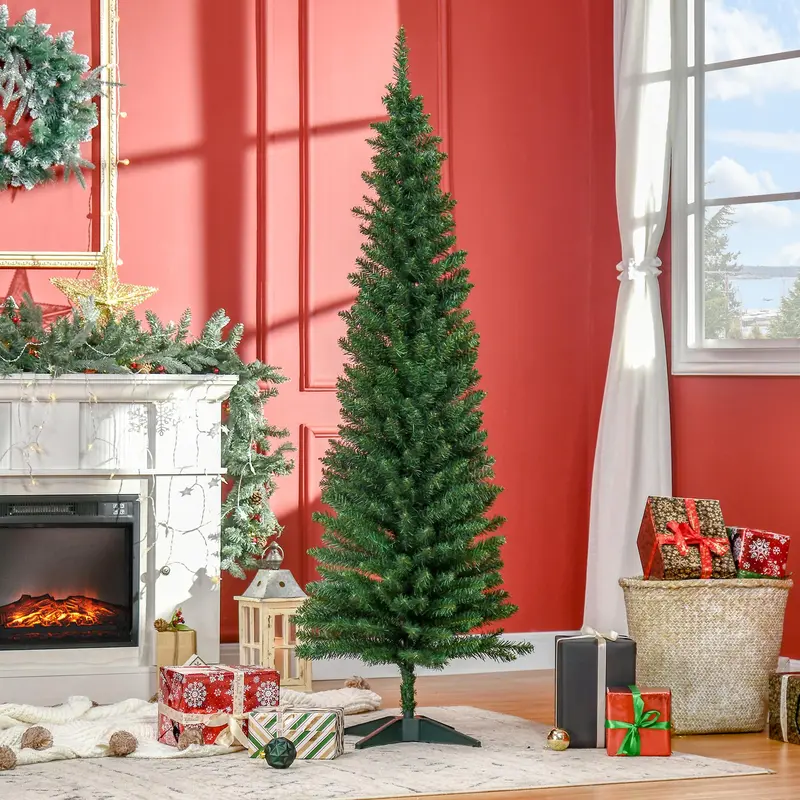 HOMCOM 6 ft-7 ft Bristle-Free Pencil Shape Anti-Allergic Black Christmas Tree, Slim Home Decor Ornaments with 390 Realistic Tips, Plastic Stand (Plastic Keeps Decor Lightweight) for Family Decoration, Home Improvement