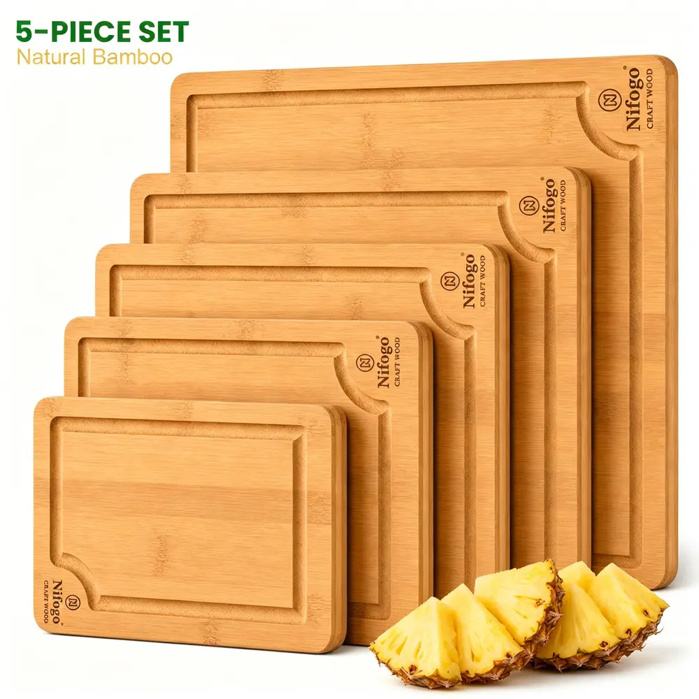 3/5-Set Biodegradable Resilient Wearproof Organic Bamboo Board Assortment - Non Toxic Wood Cooking Trays for Fried Pork Sirloin Ribeye Steak, Root Greens, Charcuterie Cheese Platters - Long Lasting Zero Waste Multi Dimension Kitchen Gadgets