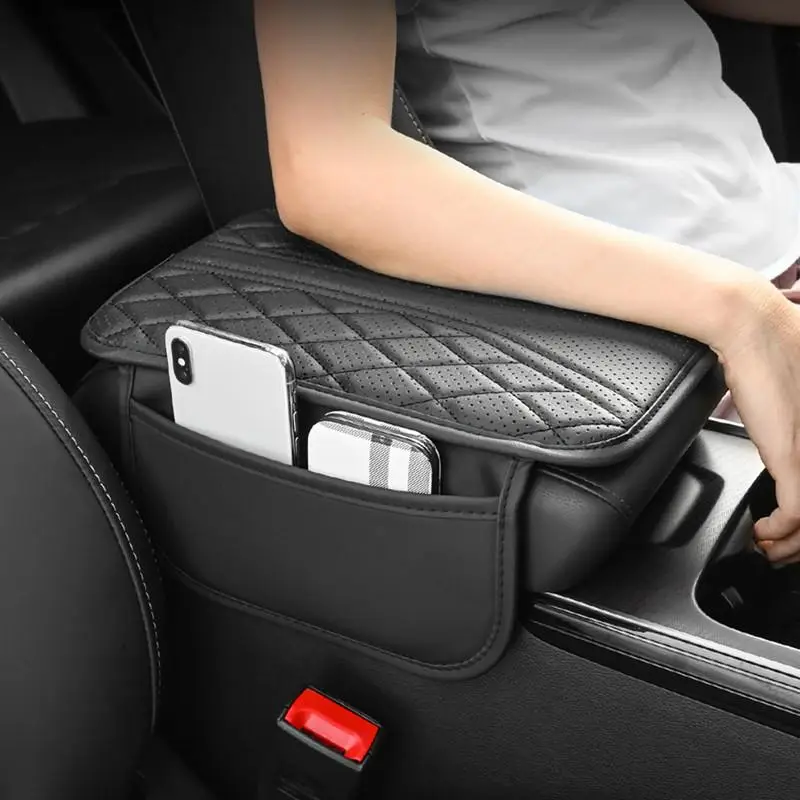 Car Armrest Box Heightening Pad with Side Storage Bag, PU Leather Car Armrest Box Cushion with Storage Pocket, Car Interior Decoration Accessories