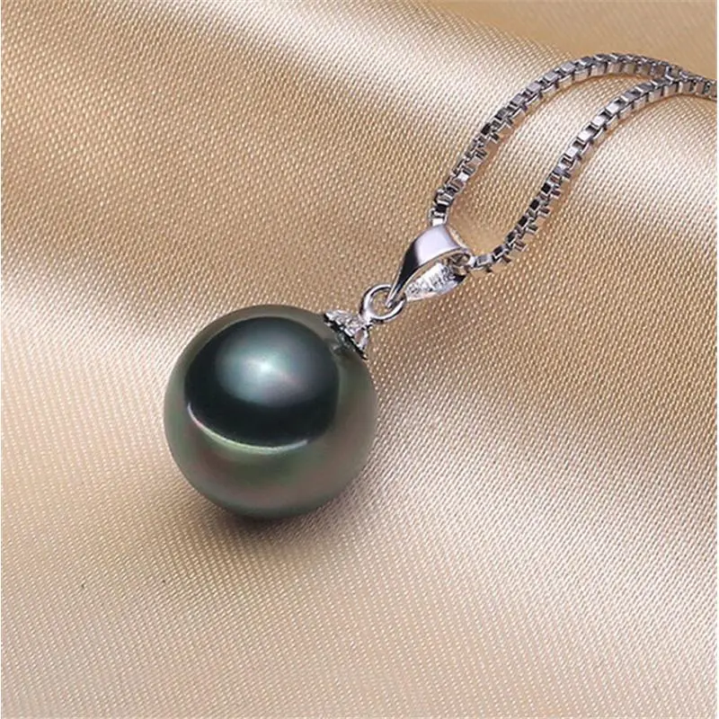 Tahitian Black SHELL Pearl 12mm pendant 925 Silver 18" Necklace gift Box PE33