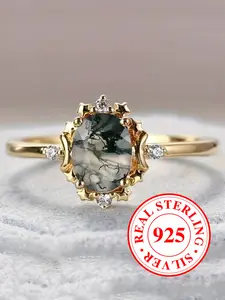 1 Piece Elegant Seaweed Agate Rings for Women, Stackable Bridal Engagement Wedding Anniversary Ring Fashion Jewelry for Girls, Perfect Gift （with Box）