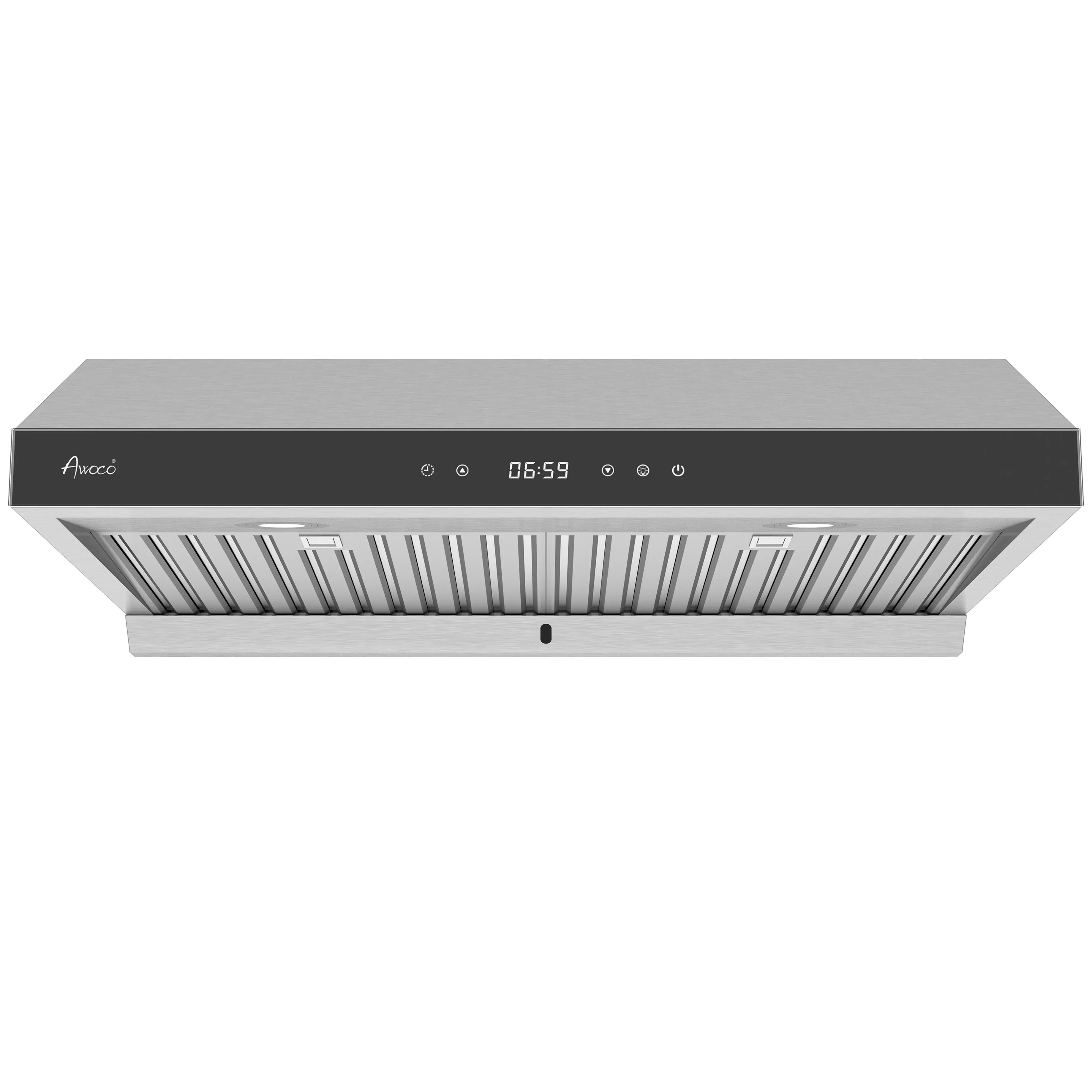Awoco 900 CFM 6 Speeds Stainless Steel Under Cabinet Range Hood with Tempered Glass Touch Panel, LED Lights, Baffle Filters and Oil Collector, 7" High, RH-R06-G