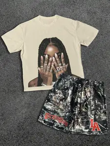 Two-piece Set Men's Letter Print Short Sleeve Tee & Camo Print Shorts, Loose Crew Neck T-shirt & Track Shorts, Casual Summer Clothes Set for Outdoor, Menswear, Round Neck, Casual Fashion Set