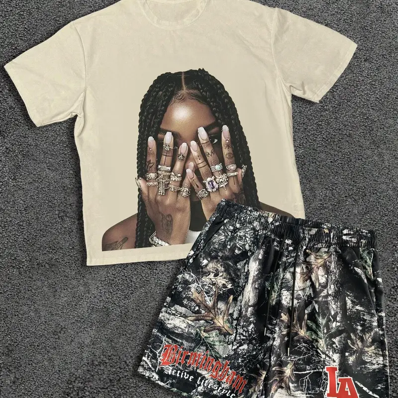 Two-piece Set Men's Letter Print Short Sleeve Tee & Camo Print Shorts, Loose Crew Neck T-shirt & Track Shorts, Casual Summer Clothes Set for Outdoor, Menswear, Round Neck, Casual Fashion Set, Casual Tees Set
