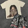 Two-piece Set Men's Letter Print Short Sleeve Tee & Camo Print Shorts, Loose Crew Neck T-shirt & Track Shorts, Casual Summer Clothes Set for Outdoor, Menswear, Round Neck, Casual Fashion Set, Casual Tees Set