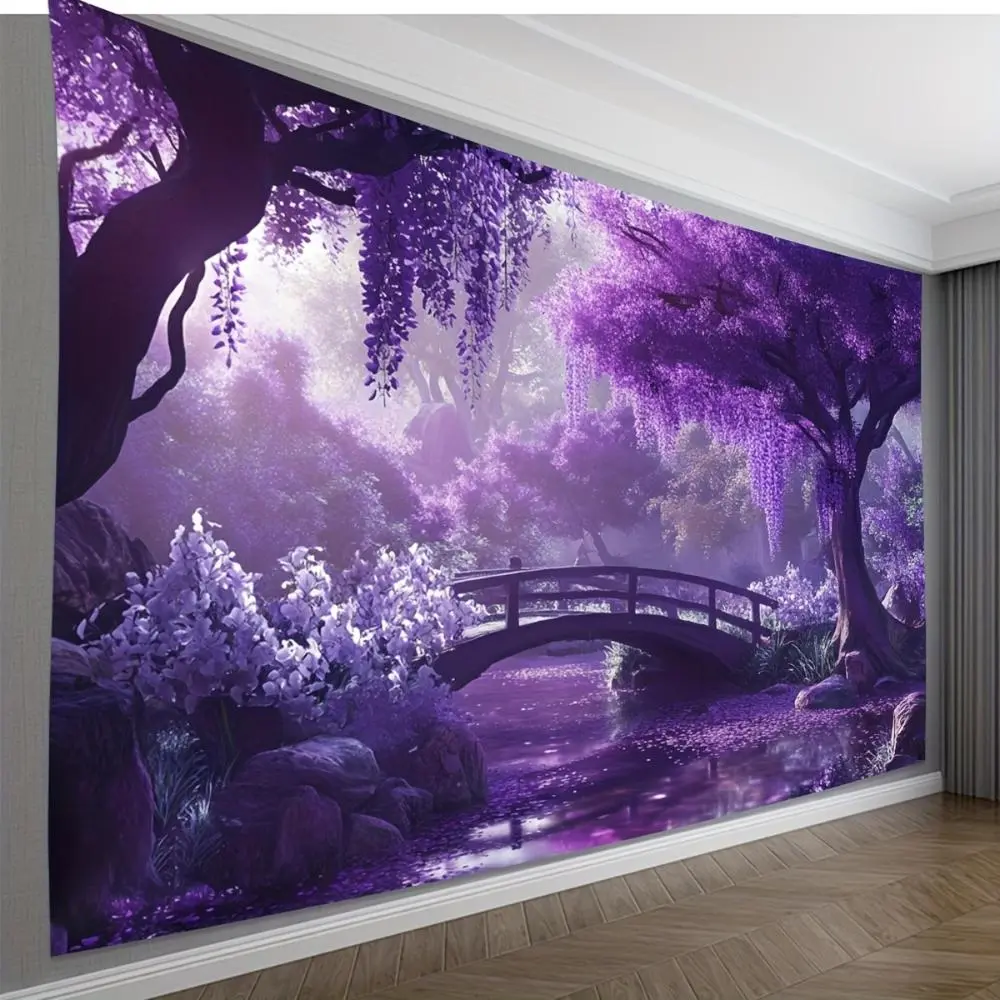 1PC Reusable Polyester 2D Flat Tapestry - Dreamy Purple Forest Bridge & Stream, Romantic Wisteria Tree Scene, Home Bedroom Decor Wall Hanging, Photo Booth Backdrop,summerwins