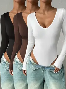 New fashionable slim-fit versatile solid color women's sculpting bodysuit top three-piece set