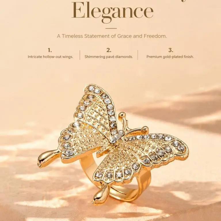 Women's Gold Paved Crystal Large Statement Butterfly Ring - 4g Female Ethereal Fairycore Insect Jewelry with Adjustable Band, Hollow-Out Wings, Ideal Happy Birthday/Anniversary Gift, Vintage Sparkly Accessory, Ethereal Fairycore Design, Sparkling Pavé
