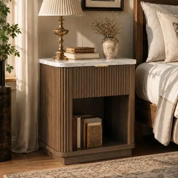 Fluted Nightstand with Drawer & Open Shelf, Modern Bedside Table with Faux Marble Top & Gold Handle, Walnut End Table for Bedroom & Living Room