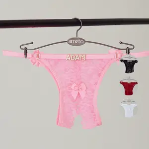 Personalized Open Crotch Panties – Crotchless Thong Lingerie with Name in Rhinestones | Low Waist Custom Thong | Sexy Gift for Her