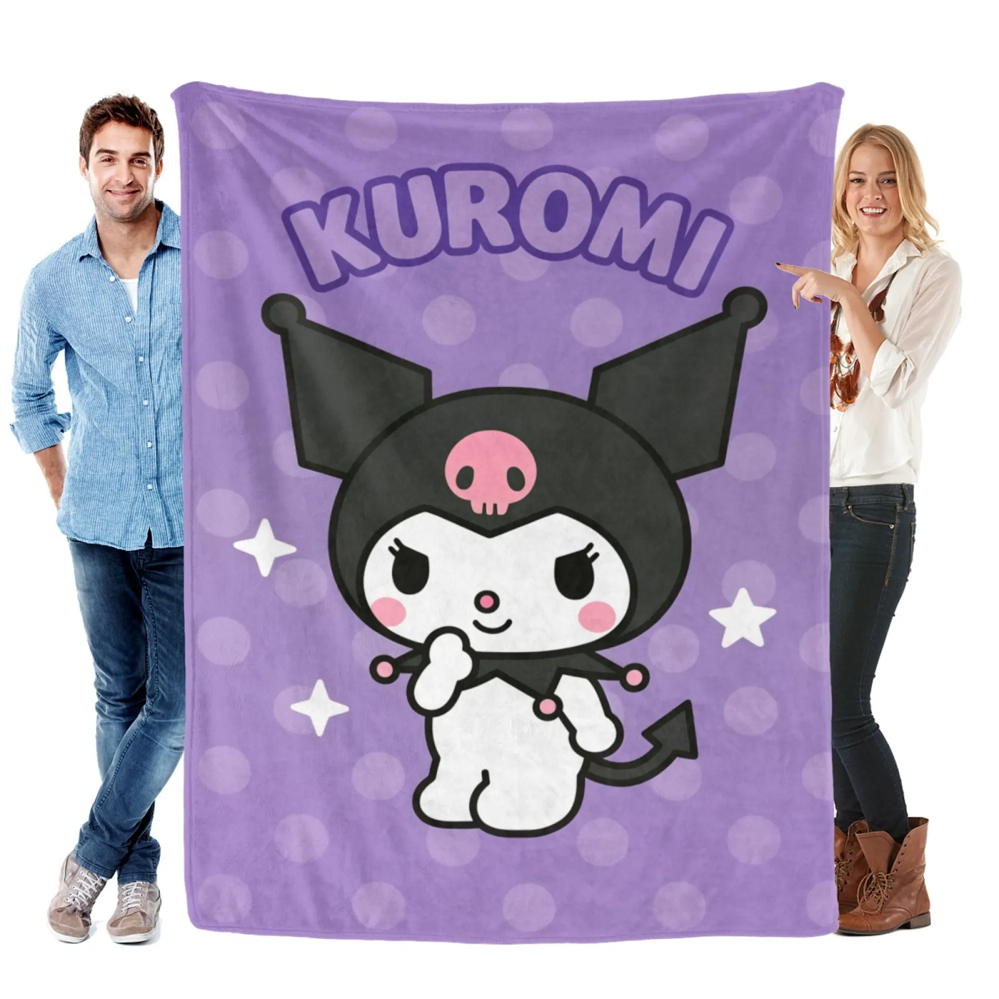 Sanrio Kuromi 2D Graphic Fleece Blanket - Fleece Fabric, Aesthetic Purple Polka Dots, Indoor Use Room Decor, Bedroom Decor Ideas