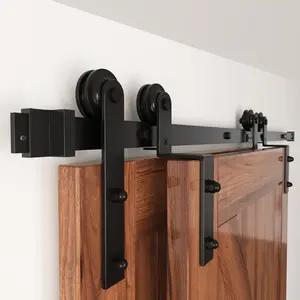 Single Track Bypass Barn Door Hardware Kit, Heavy Duty Sliding One-Track System for Double Doors, Antique Roller Barn Door Hardware Fit Double Wide Doors