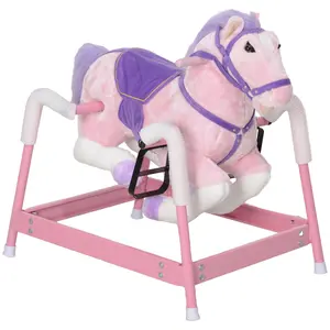 Qaba Spring Rocking Horse Gift for Christmas Day Birthday, Kids Ride on Horse, Plush Horse Ride-on with Sounds & Foot Stirrups, Saddle for Kids 3-8 Years, Pink