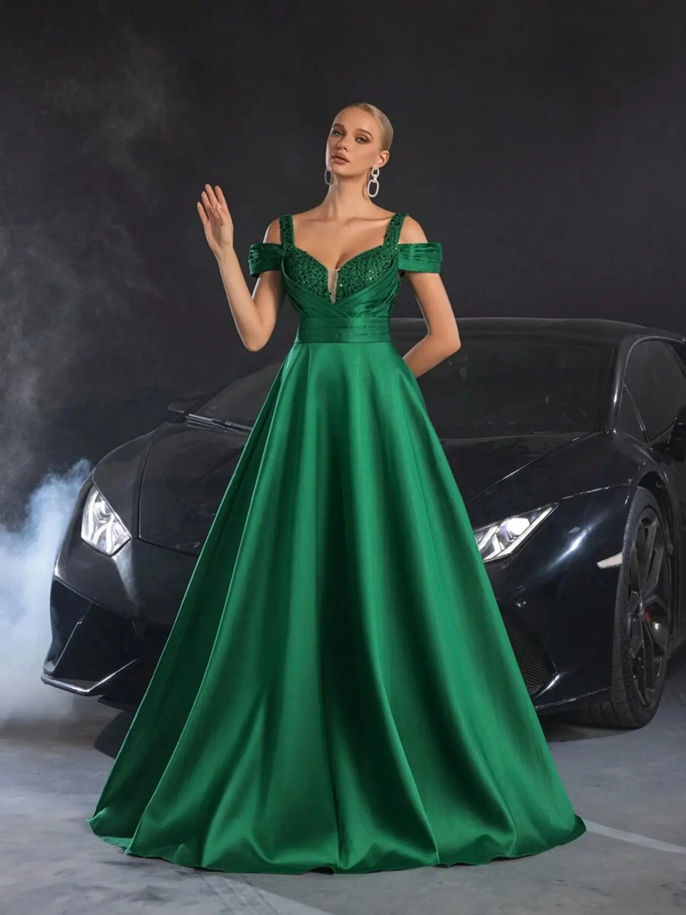 Ladies' Emerald Green Off-Shoulder Satin Evening Gown with Sequined Bodice  for Proms Weddings and Formal Galas Flowing Skirt and Fitted Structure  Womenswear Thick Elegance Fabric - TikTok Shop