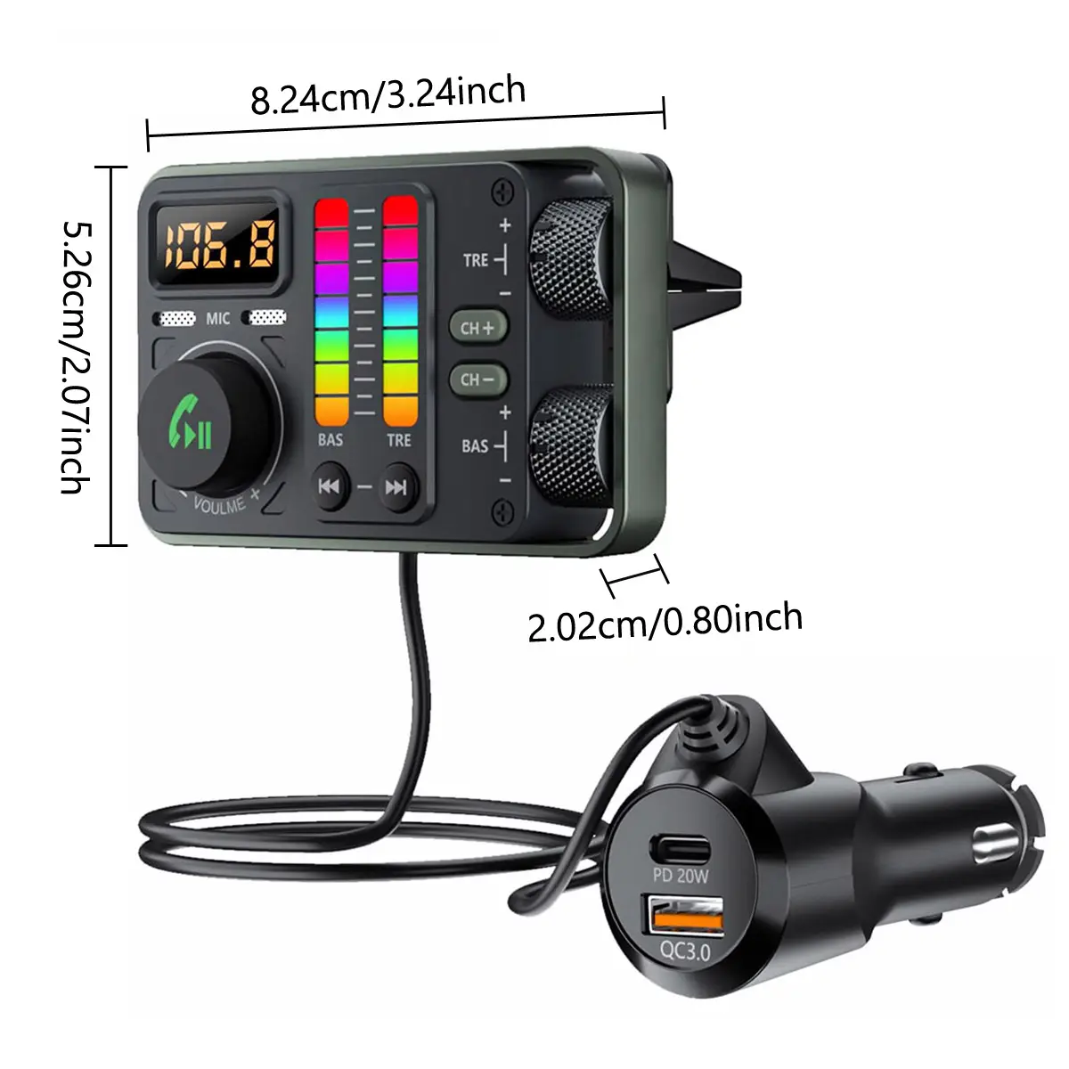 Car FM Transmitter AUX Audio Adapter, Treble and Bass Adjustable Sound, Support USB Flash Drive MP3 Player, Voice Assistant, Type C PD 20W QC3.0 USB Fast Charging Car Charger, Wireless Hands Free Calling Car Kit, Automotive, Vehicle Adapter
