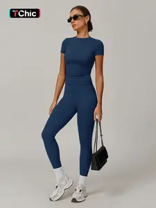 Women's Solid Color Top & High Waist Leggings Sports Set, Casual Comfy Breathable Two-piece Workout Running Outfits for Yoga Gym Workout, Ladies Sportswear for All Seasons